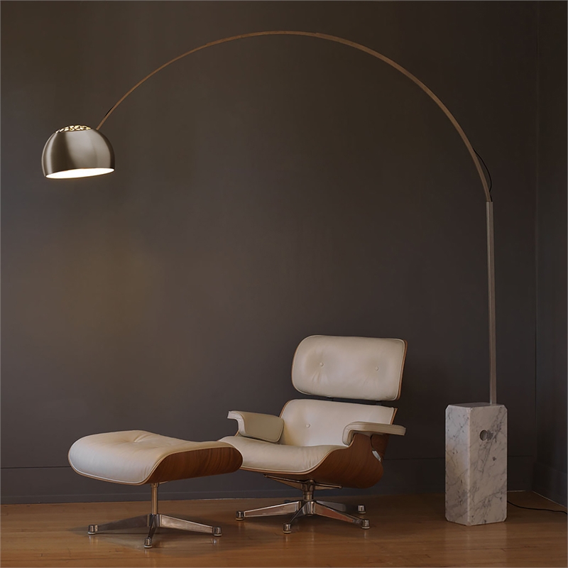 Iconic Arched LED Floor Lamp White Marble Block Base Satin Nickel