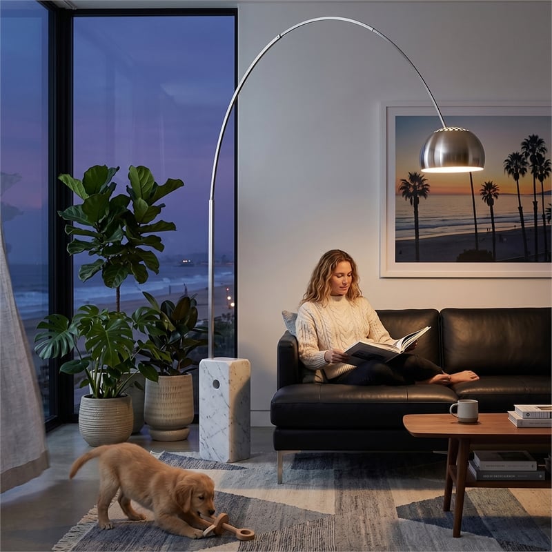 Iconic Arched LED Floor Lamp White Marble Block Base Satin Nickel