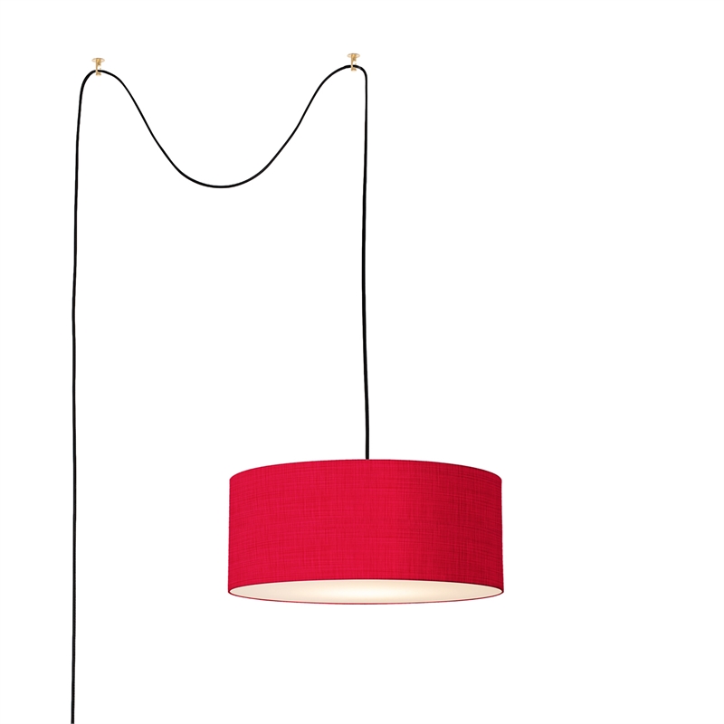 Stretch Swag Lamp - Weathered Brass Steel Base Crimson Red Linen Drum Shade