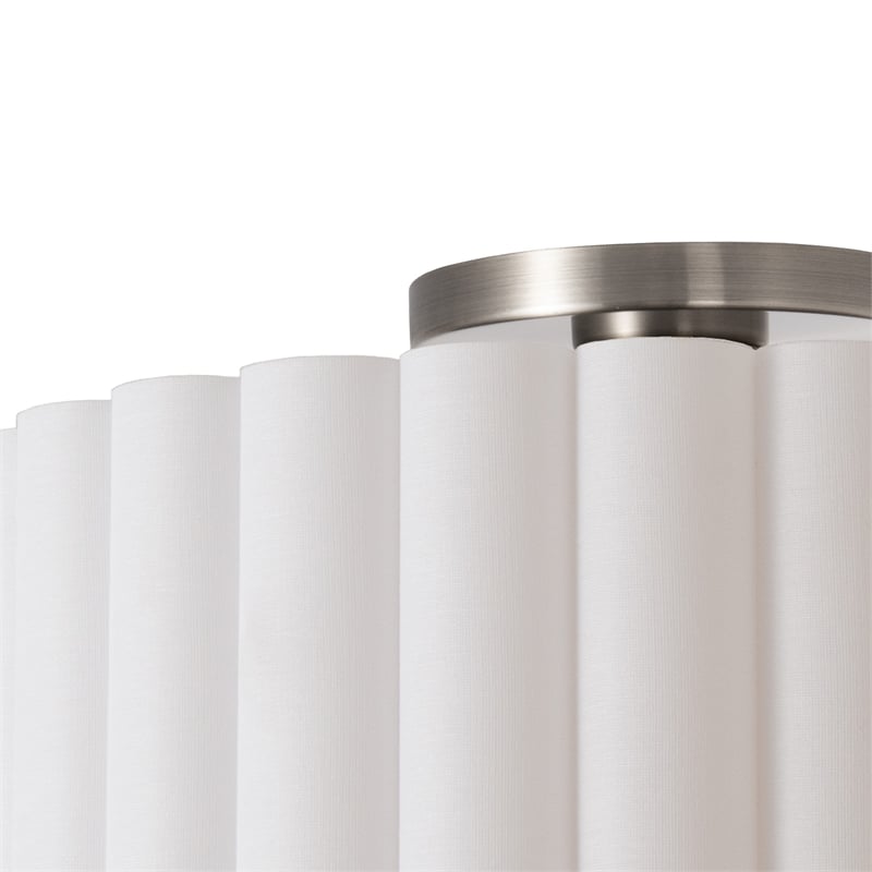 Scallop Flush Mount - Satin Nickel Drum White Linen Shade Modern Dimmable