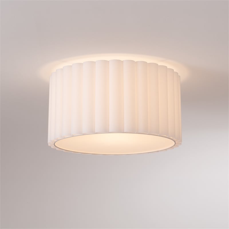 Scallop Flush Mount - Satin Nickel Drum White Linen Shade Modern Dimmable