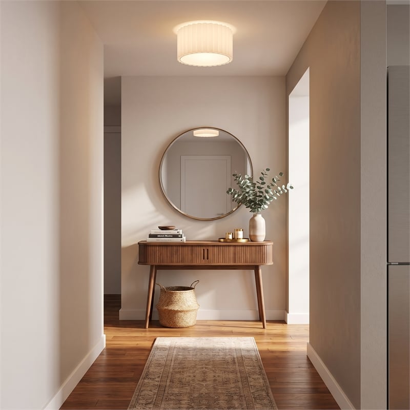 Scallop Flush Mount - Satin Nickel Drum White Linen Shade Modern Dimmable