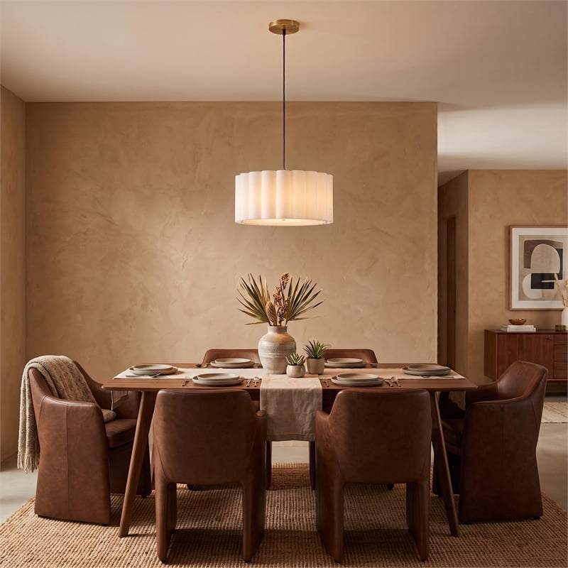 Scallop Semi-Flush Mount - Weathered Brass Steel White Linen Drum Shade