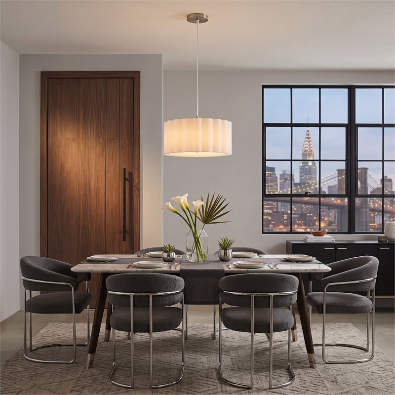 Scallop Pendant - Satin Nickel Steel Drum White Linen Shade