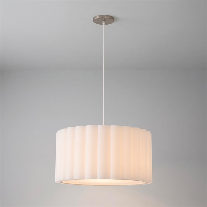 Scallop Pendant - Satin Nickel Steel Drum White Linen Shade