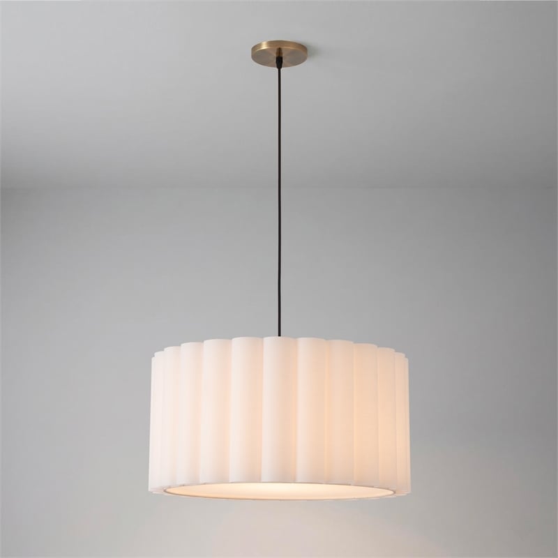 Scallop Pendant - Weathered Brass Steel Drum White Linen Shade