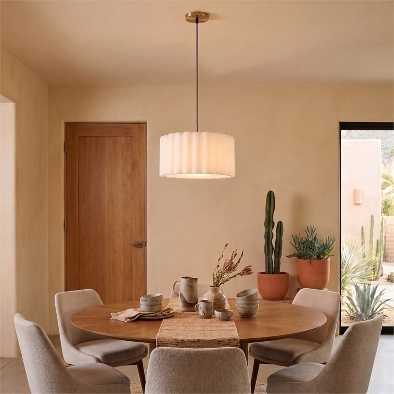 Scallop Pendant - Weathered Brass Steel Drum White Linen Shade