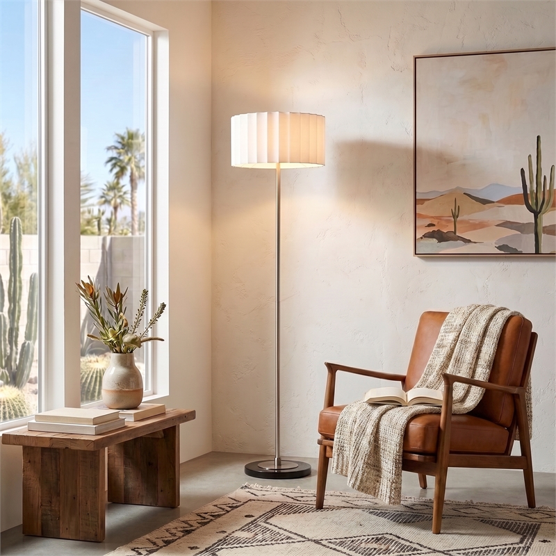 Slimline Floor Lamp Scallop Shade Satin Nickel Base