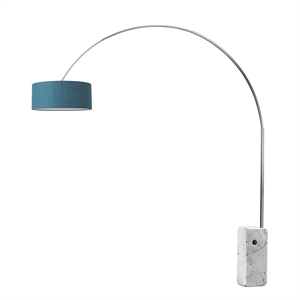 Iconic 95&quot Arc Lamp - Satin Nickel White Marble Base Drum Pool Blue Linen Shade