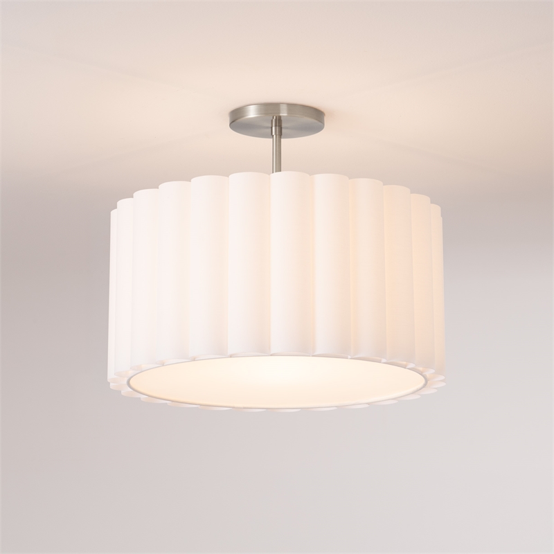 Semi Flush Mount White Scallop Linen Medium Shade Satin Nickel