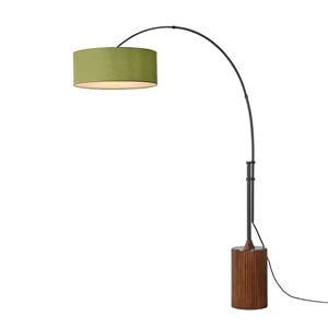 Tambo 92&quot Arc Lamp - Black Nickel Dark Walnut Wood Base Drum Avocado Linen Shade
