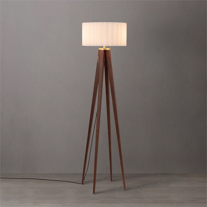 Quattro Floor Lamp - Modern Dark Walnut Steel White Linen Drum Shade 61 Tall