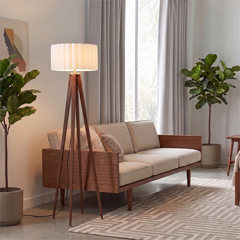 Quattro Floor Lamp - Modern Dark Walnut Steel White Linen Drum Shade 61 Tall