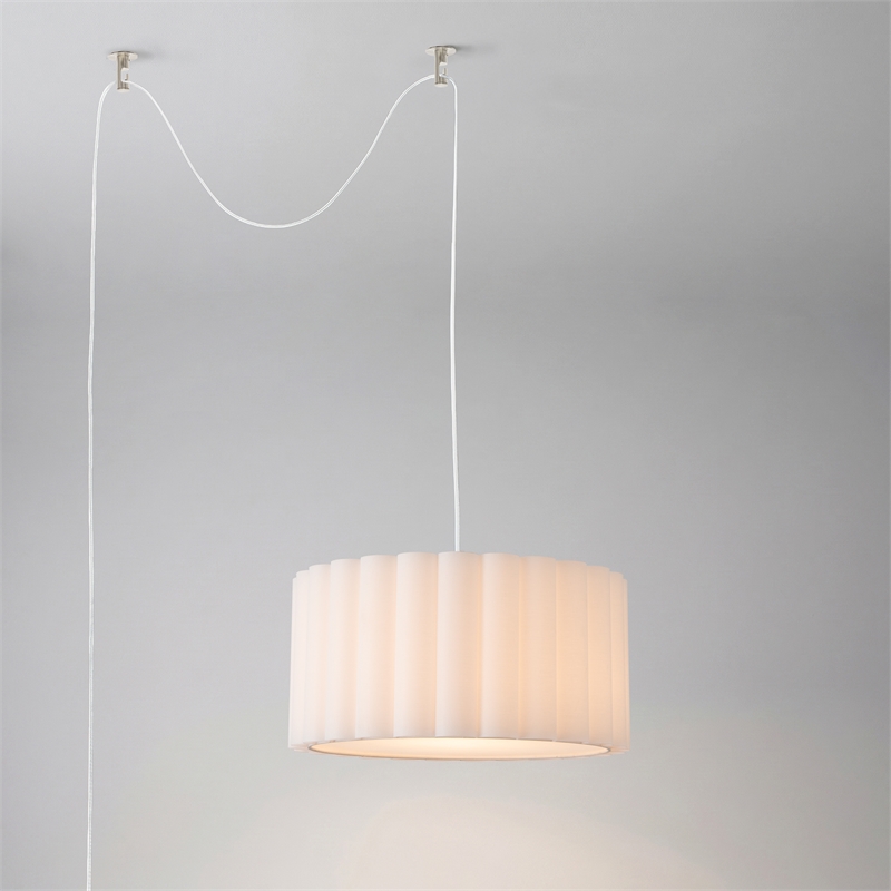 Scallop Swag Lamp - Satin Nickel Steel Drum White Linen Shade Dimmable Bulb Included