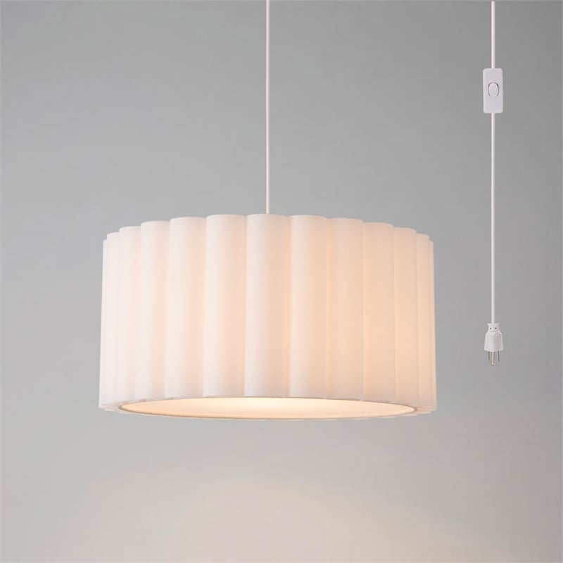Scallop Swag Lamp - Satin Nickel Steel Drum White Linen Shade Dimmable Bulb Included