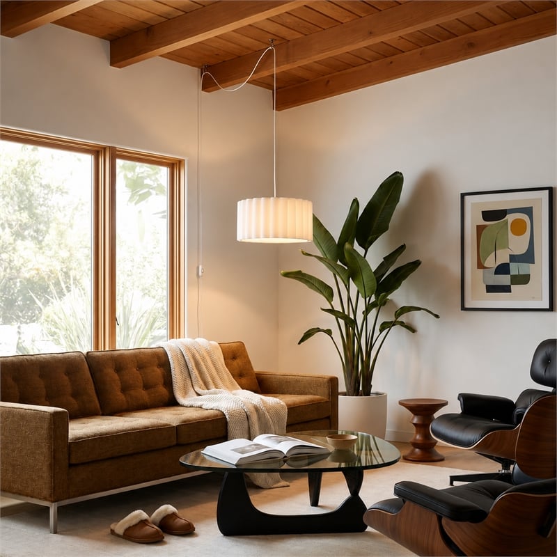 Scallop Swag Lamp - Satin Nickel Steel Drum White Linen Shade Dimmable Bulb Included