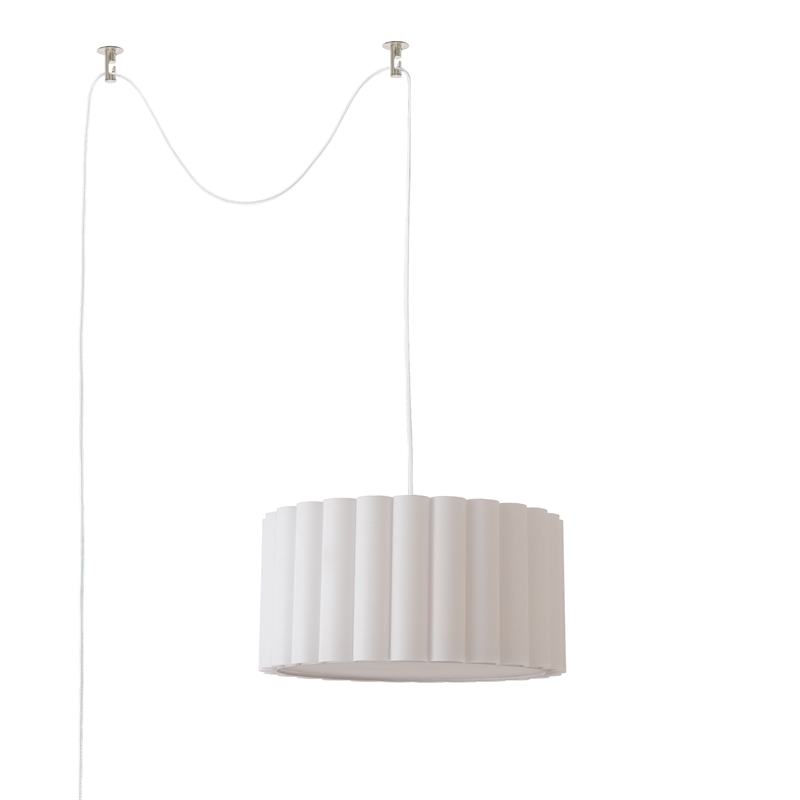 Scallop Swag Lamp - Satin Nickel Steel Drum White Linen Shade Dimmable Bulb Included