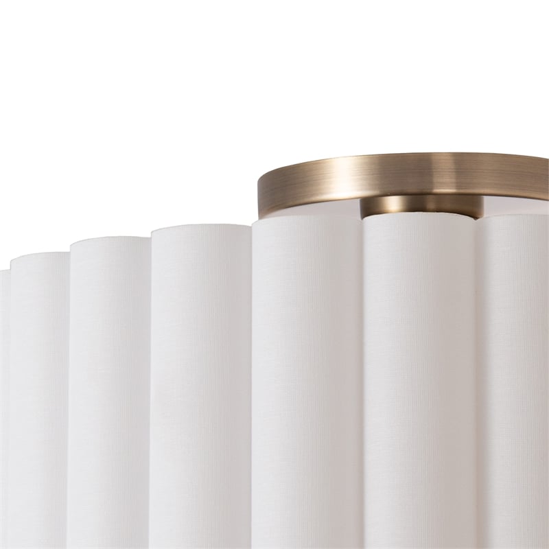 Scallop Flush Mount - Weathered Brass Drum White Linen Shade Dimmable