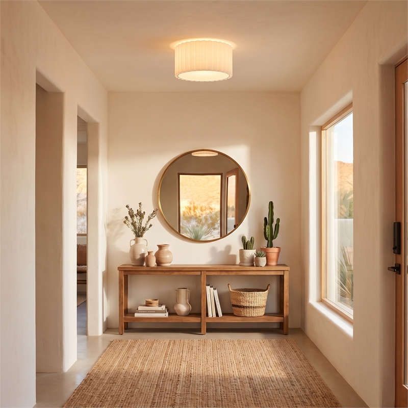 Scallop Flush Mount - Weathered Brass Drum White Linen Shade Dimmable