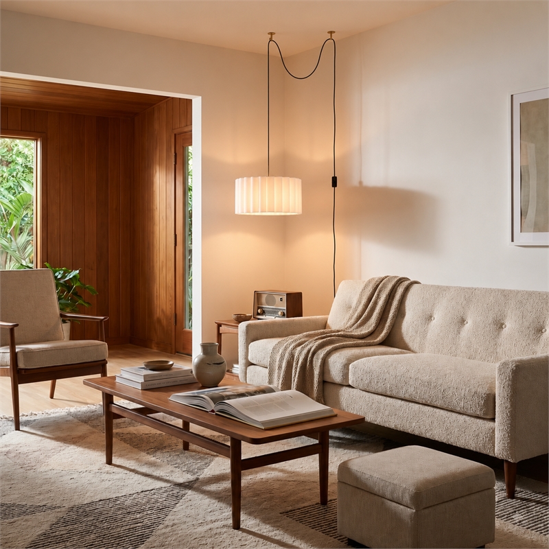 Scallop Swag Lamp - Brass Steel White Linen Shade Dimmable