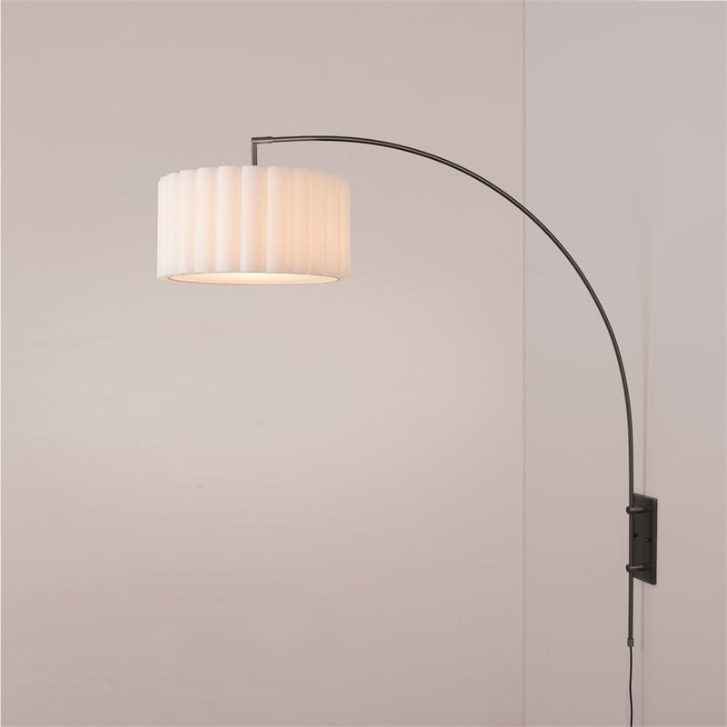 Wall Mounted Arc Lamp - Black Nickel Steel Scallop White Linen