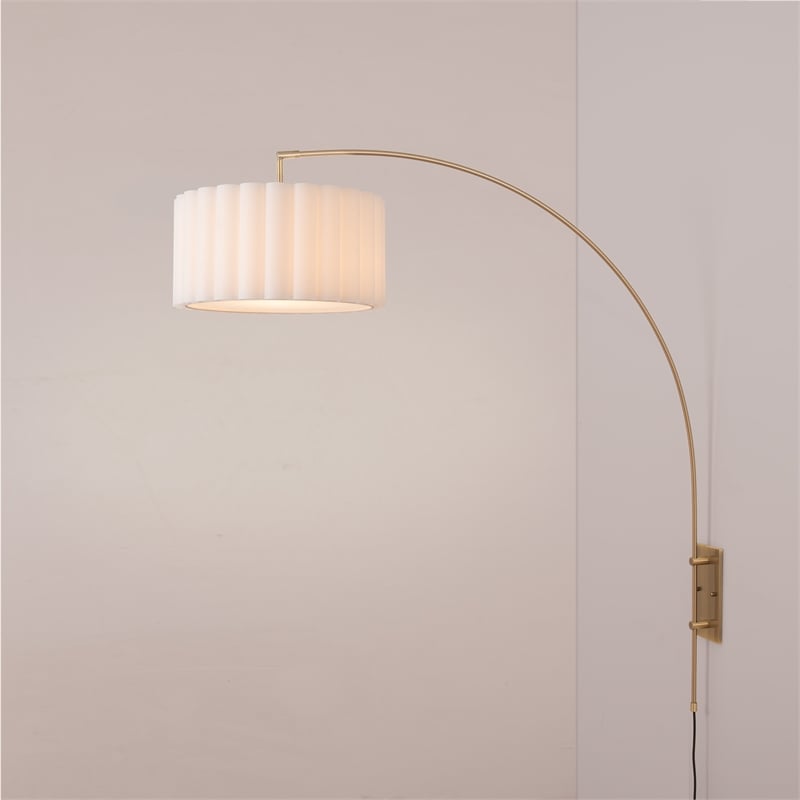 Wall Mounted Arc Lamp - Weathered Brass Steel Base Scallop  White Fabric Shade