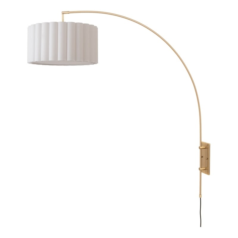 Wall Mounted Arc Lamp - Weathered Brass Steel Base Scallop  White Fabric Shade