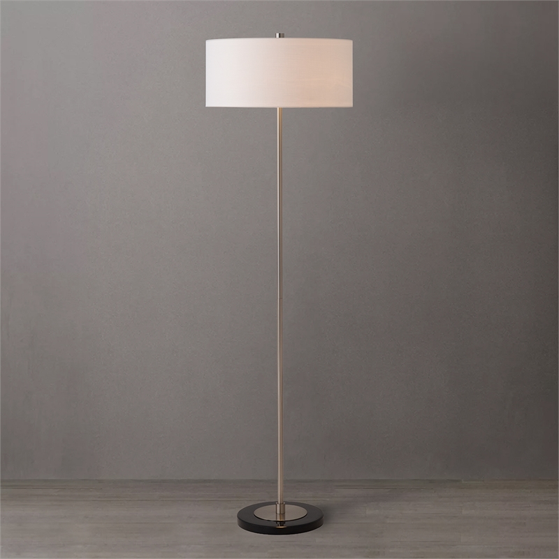 Slimline Floor Lamp Drum White Linen Shade Satin Nickel Base
