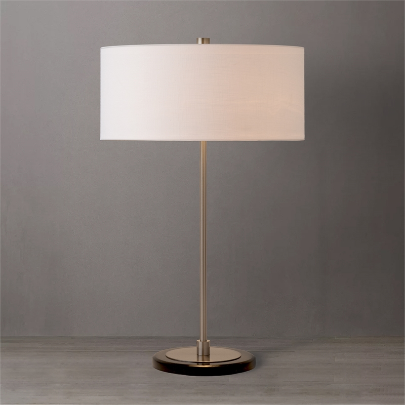 Stretch Slimline Table Lamp Drum White Linen Shade Satin Nickel Base