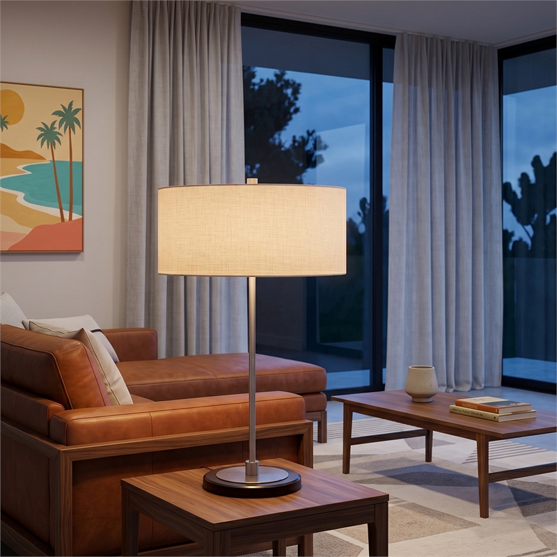 Stretch Slimline Table Lamp Drum White Linen Shade Satin Nickel Base