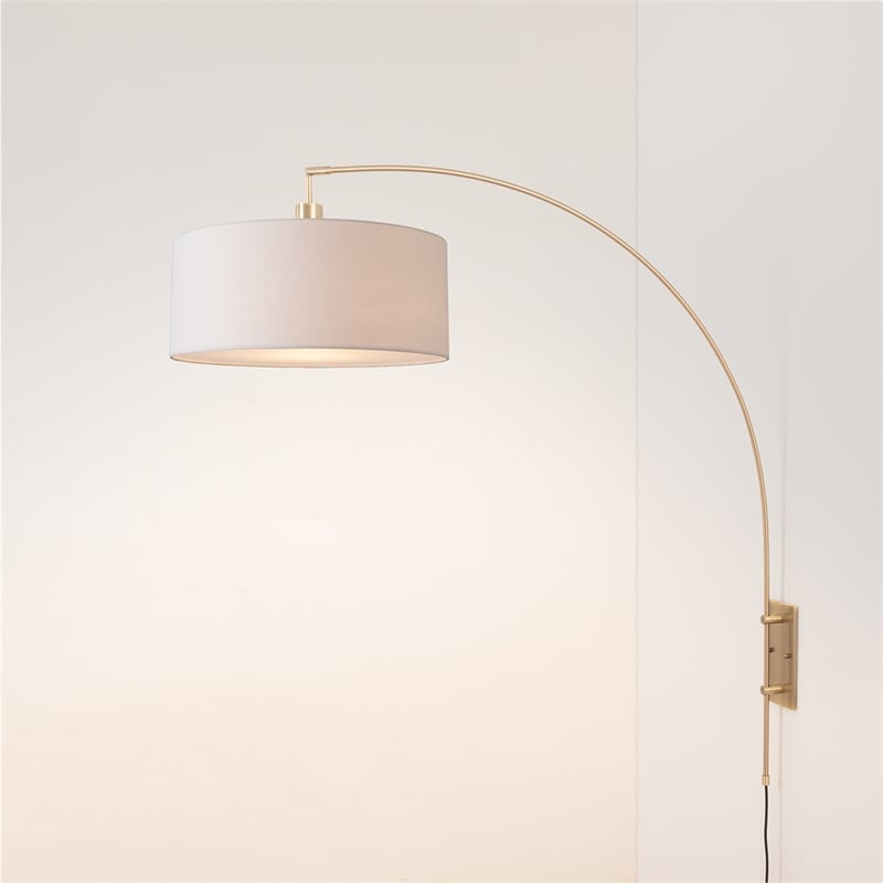 Span Wall Mounted Arc Lamp - Weathered Brass White Fabric Drum Shade