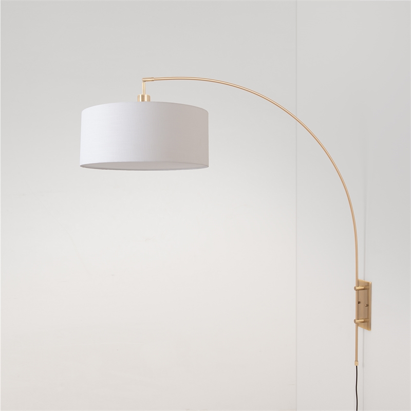 Span Wall Mounted Arc Lamp - Weathered Brass White Fabric Drum Shade
