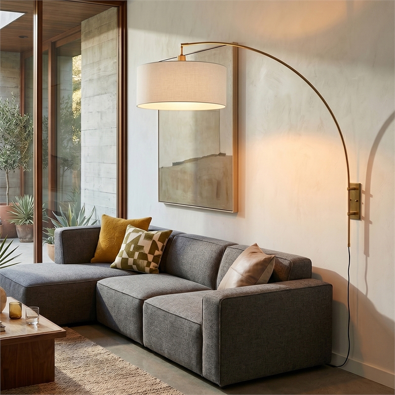 Span Wall Mounted Arc Lamp - Weathered Brass White Fabric Drum Shade