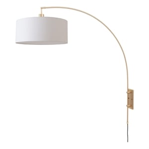 Span Wall Mounted Arc Lamp - Weathered Brass White Fabric Drum Shade