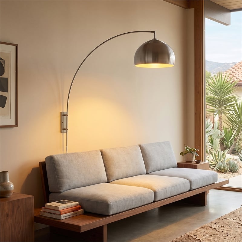 Wall Mounted Arc Lamp - Satin Nickel Half Dome Satin Nickel Shade