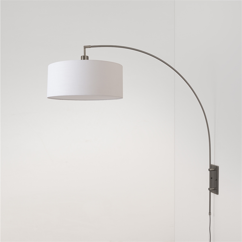 Span Wall Mounted Arc Lamp Black Nickel White Fabric Shade Dimmable
