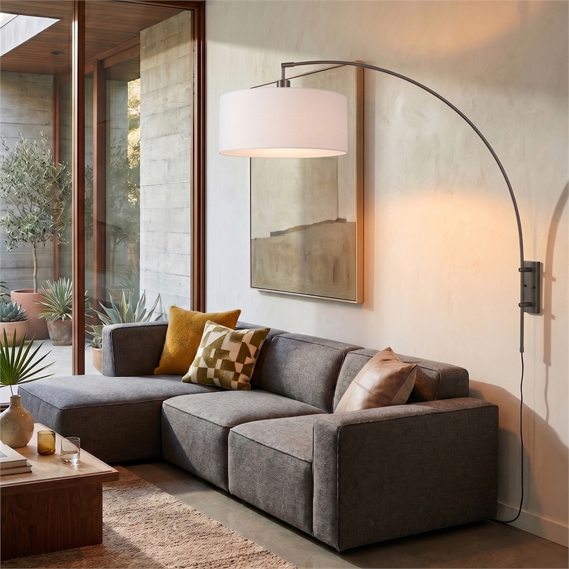 Span Wall Mounted Arc Lamp Black Nickel White Fabric Shade Dimmable