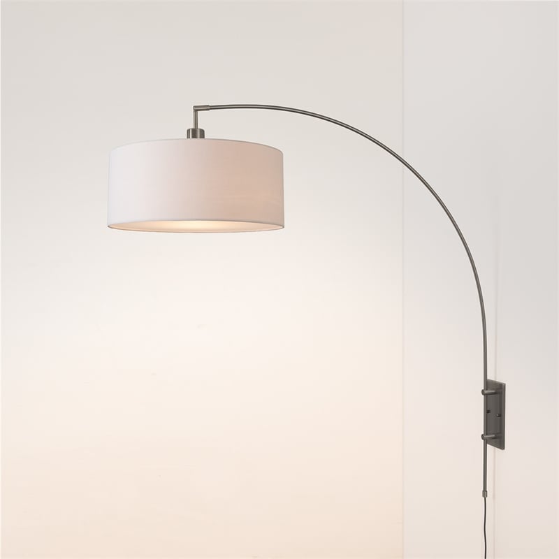 Span Wall Mounted Arc Lamp Black Nickel White Fabric Shade Dimmable