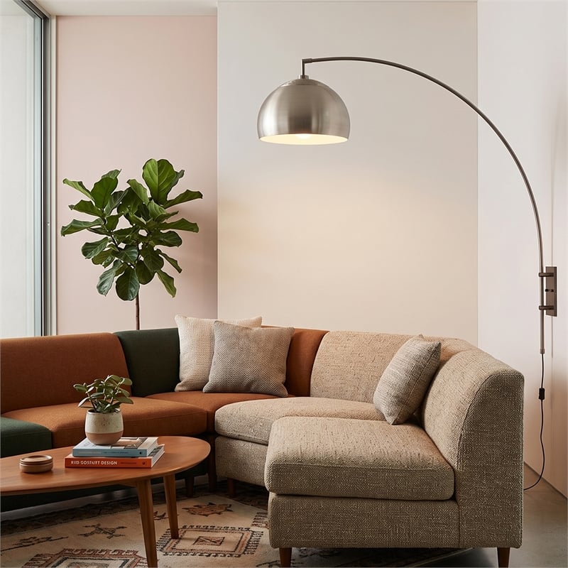 Wall Mounted Arc Lamp - Black Nickel Half Dome Satin Nickel Shade