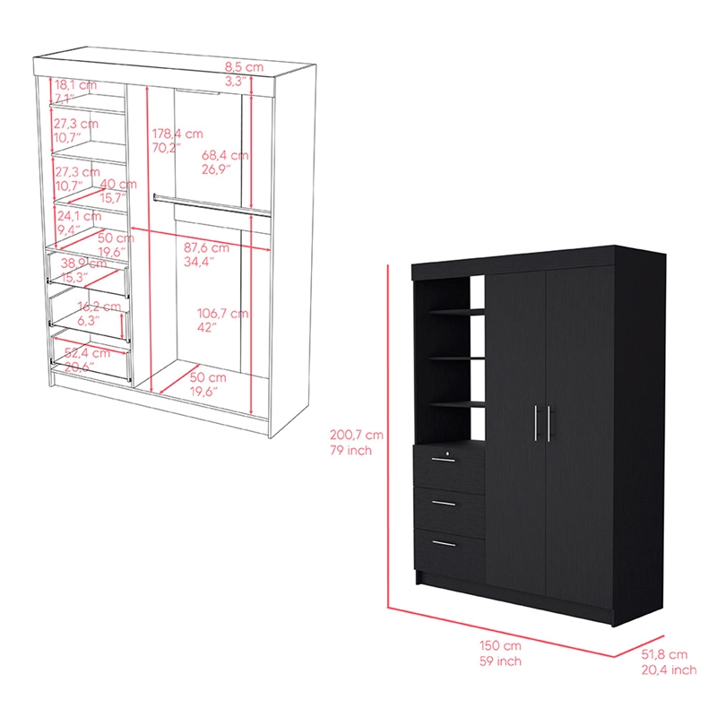 Armoire Rumanu Bedroom Black Engineered Wood