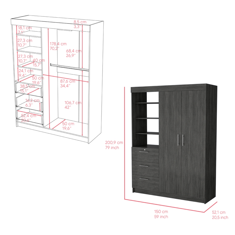 Rumanu Bedroom Armoire Wardrobe Closet with Storage Shelves and Hanging Rod Engineered Wood Furniture Organizer for Bedroom Storage Smoke Gray Finish Modern Design