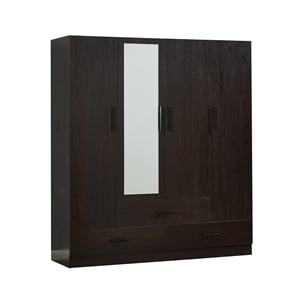 Mirror Wardrobe Armoire Wood Closet 4 Doors 2 rods 4 shelves 3 drawers Black