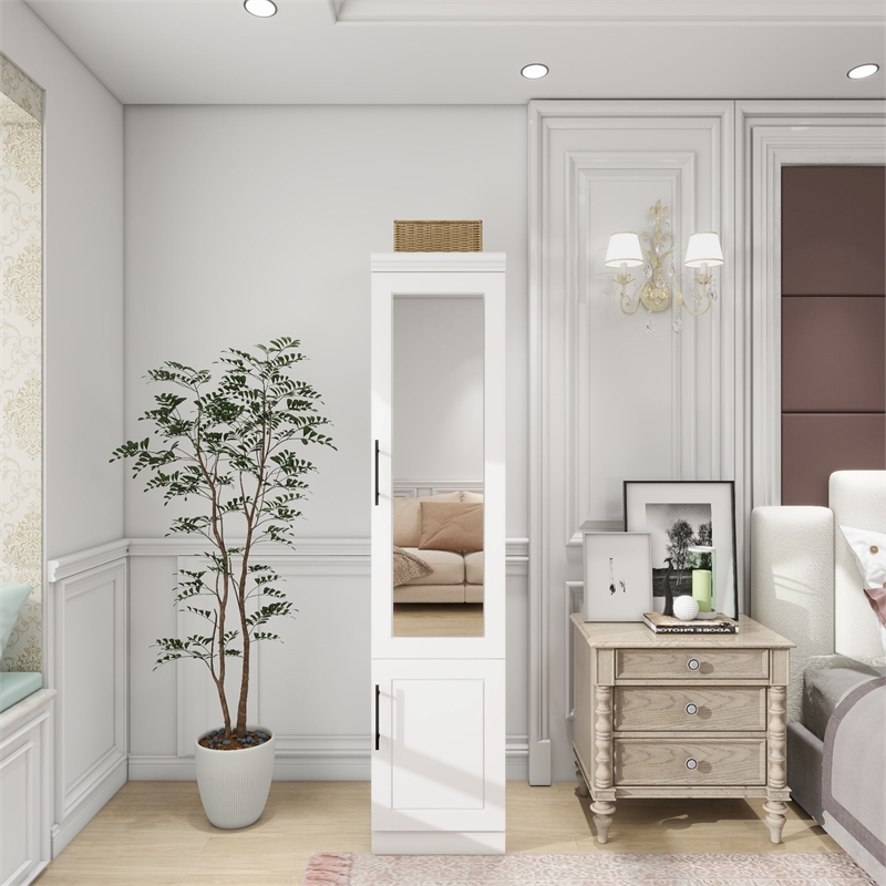 Wood Closet Wardrobe with Mirror White Armoire Wardrobe Closet with Hanging Rods