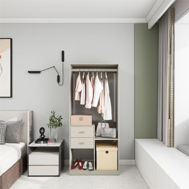 Wood Wardrobe Closet Organizer System with 2 Drawers Closet System Gray
