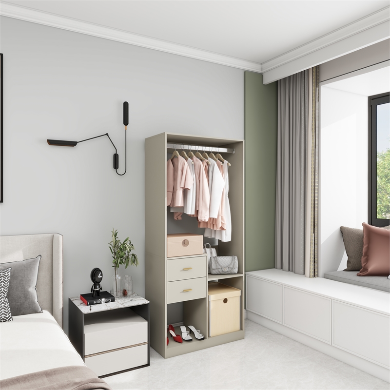 Wood Wardrobe Closet Organizer System with 2 Drawers Closet System Gray
