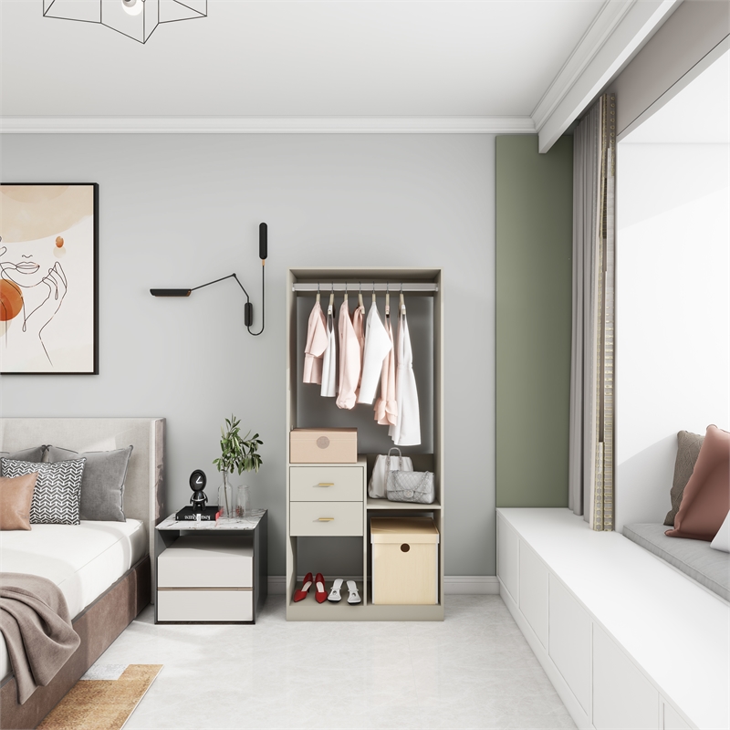 Wood Wardrobe Closet Organizer System with 2 Drawers Closet System Gray