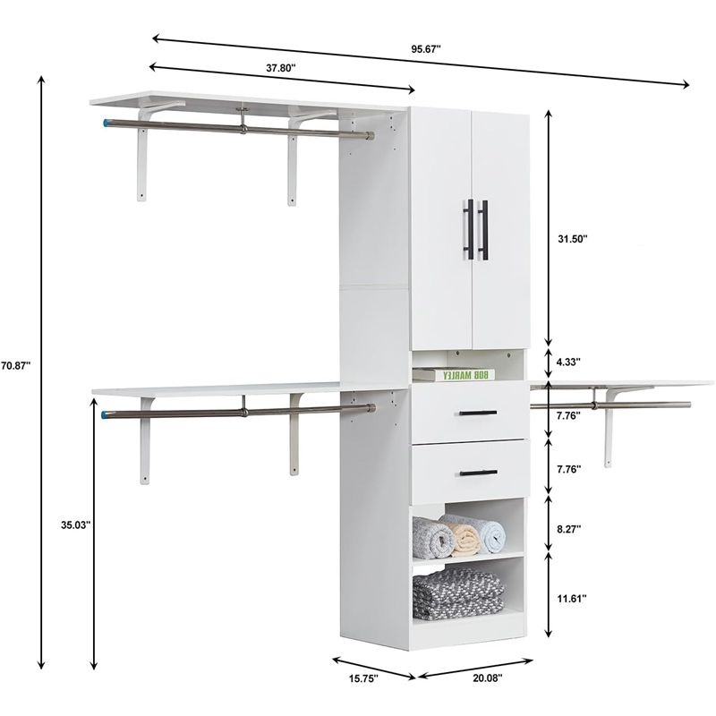 Wood Closet Organizer System 3 Shelf Towers White Closet System with 2 Drawers