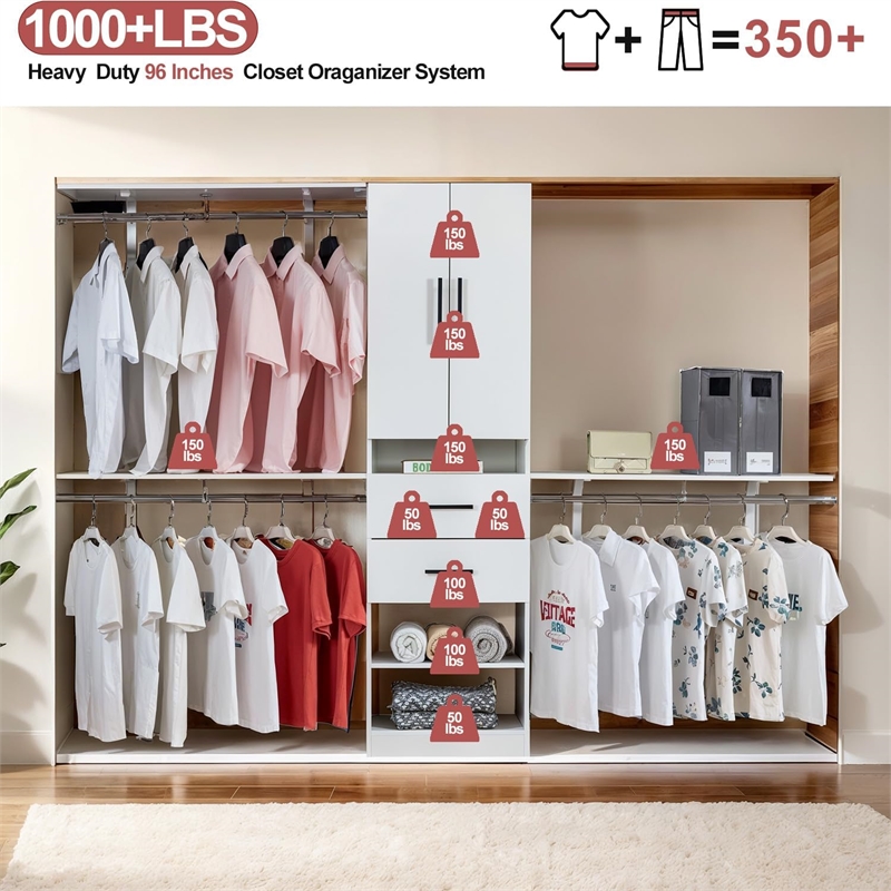 Wood Closet Organizer System 3 Shelf Towers White Closet System with 2 Drawers