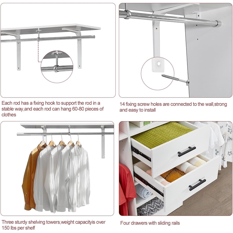Wood Closet Organizer System 3 Shelf Towers White Closet System with 2 Drawers