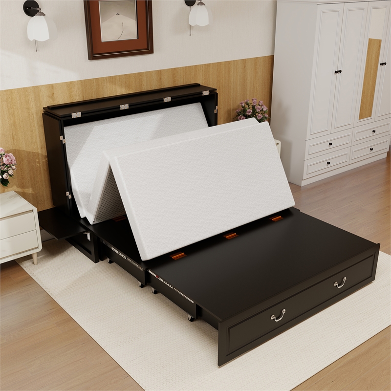 queen wood murphy bed whit chest with built-in charger black-included mattress